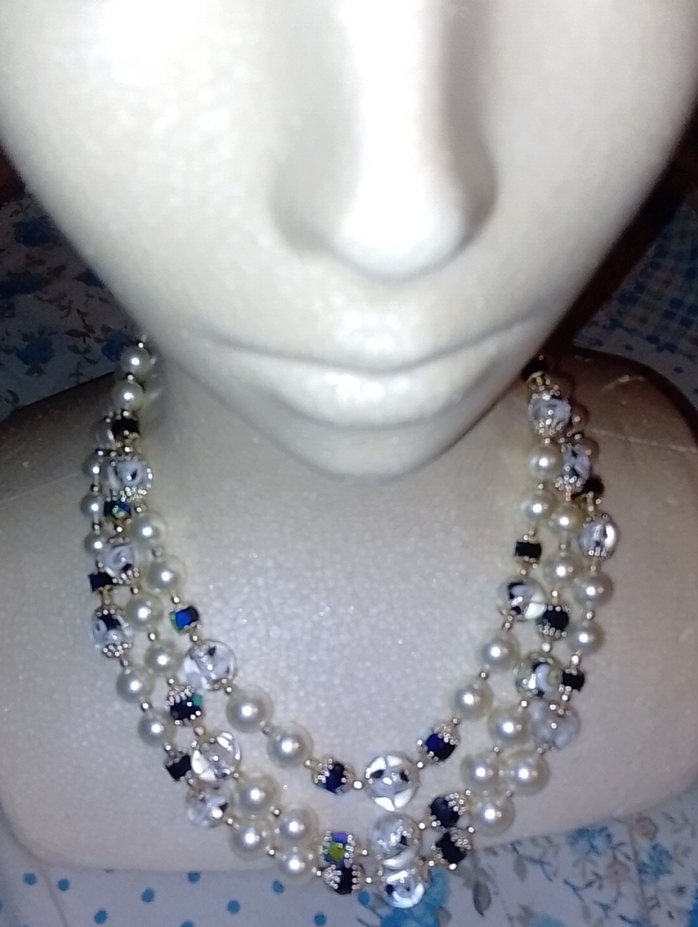 Antique 1950s Triple-Strand Pearl and Crystal Necklace - White & Blue